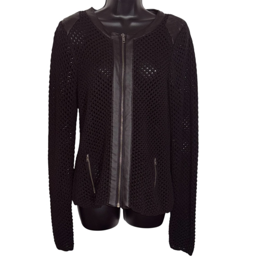 Black Crochet Jacket Zip Front Faux Leather Detailing Women’s Size Large